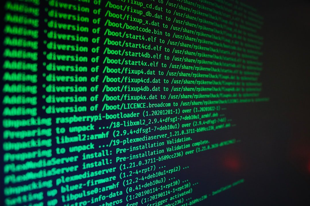 Green computer code text scrolling on a dark screen during a software installation