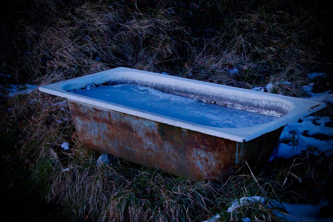 A bathtub sitting in the middle of a field covered in snow